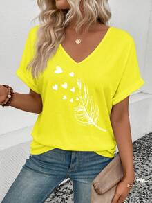 EMERY ROSE Damen V-Ausschnitt Kurzarm Manschetten Federn Muster Casual Vielseitiges T-Shirt, Frühling/Sommer - Gelb - Übersicht 6