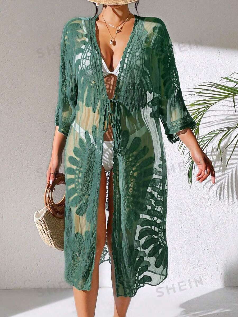 Swim Vcay 女士度假系带七分袖宽松和服罩衫 - 綠色 - 查看 1