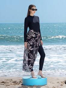 Swim Mulvari Swim Shayni 3 PiecesSummer Women Set: Solid-Color Round-Neck Long-Sleeved Zipper One-Piece Swimwear, Fitted Trousers, And Leaf-Patterned Beach Dress. Wear Conservative Beachwear When On Vacation - Black - View 1