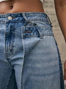 Denimoi Double Waist Skirt Overlay Straight Leg Jeans Fashion Jeans Statement Denim Fashion It Girl - Light Wash - View 3
