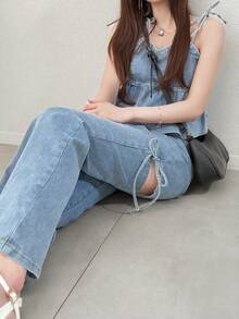 FRIFUL Conjunto casual de verano para mujer con camiseta de tirantes con volantes en el bajo y vaqueros desgastados - Azul - Ver 8