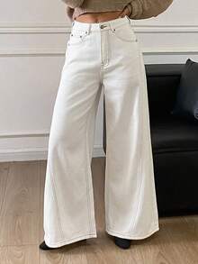 DAZY Women's Pocketed Wide Leg Loose Casual Versatile Jeans Petite - White - View 2