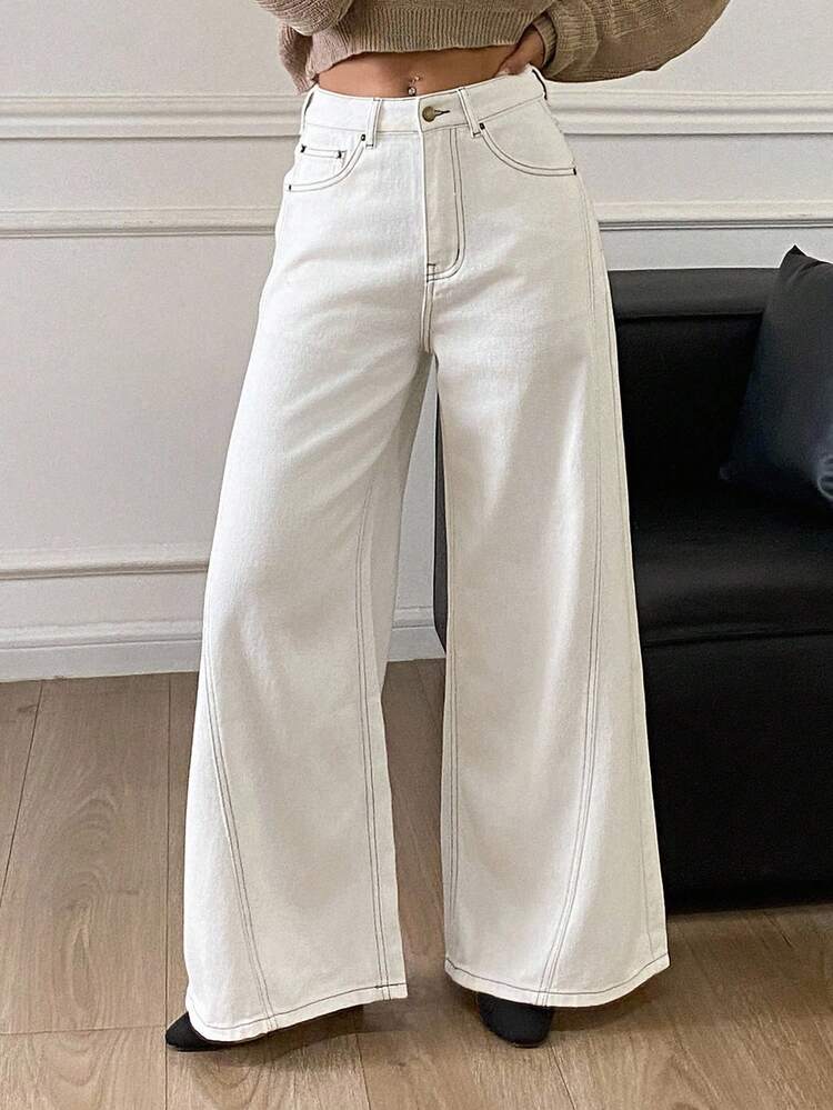 Women's Pocketed Wide Leg Loose Casual Versatile Jeans Petite