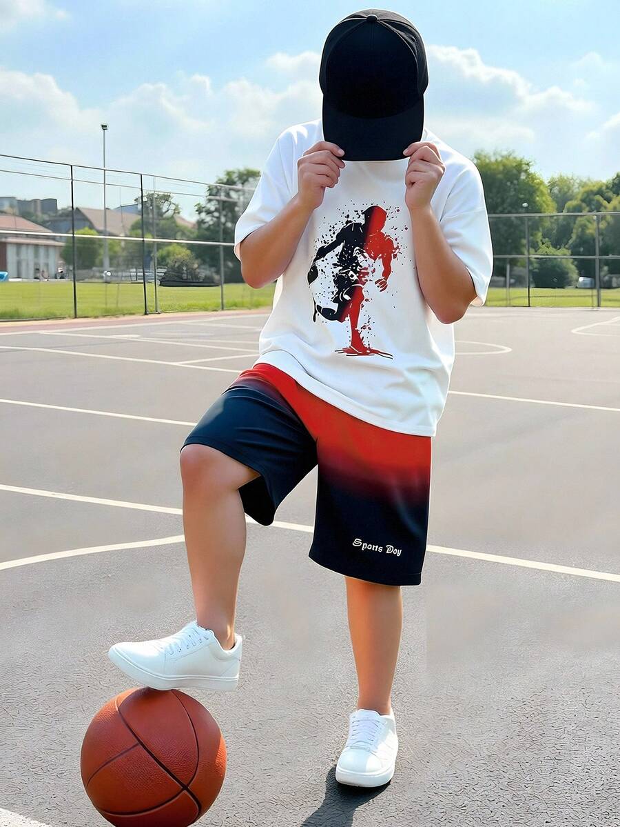 男童撞色篮球印花短袖T恤和短裤两件套,活力街头服饰,适合休闲和运动场合 - 彩色 - 查看 1