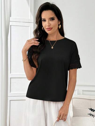 Medorina Women's Solid Color Round Neck Short Sleeve Lace Casual T-Shirt,Summer Top