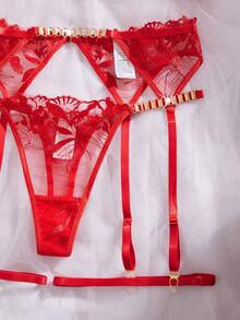 Seduluxe 4件套女士性感刺绣金属链内衣套装，包括性感文胸、丁字裤、吊袜带和腿链 - 紅色 - 查看 4