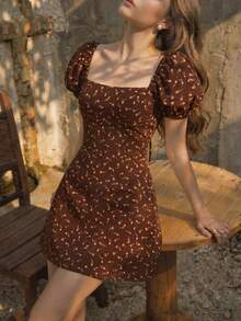 SHEIN MOD Đầm nữ họa tiết hoa nhí cổ vuông tay cánh hoa kiểu dáng thường ngày - Cà phê nâu - Xem 2