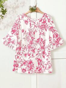 EMERY ROSE 大码卡其色叶边下摆短袖衬衫，简约时尚休闲日常度假穿搭，适合春夏女装、西式女装、夏季沙滩装。 - 粉色 - 查看 7