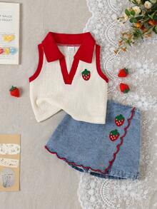 SHEIN Playful Pals 女婴新款草莓印花无袖撞色Polo衫+牛仔裙两件套，甜美风格夏季套装 - 彩色 - 查看 3