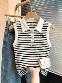 Franclia Chaleco de punto elegante y de moda para mujer con estampado de rayas, botones y sin mangas con bordado - Blanco y Negro - Ver 3