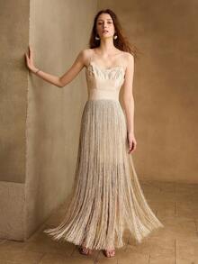 MOTF PREMIUM SPRING/SUMMER FRENCH RETRO ELEGANT DATE NIGHT LACE PATCHWORK DOUBLE-LAYER TASSEL CINCHED WAIST APRICOT LONG DRESS - Apricot - View 6