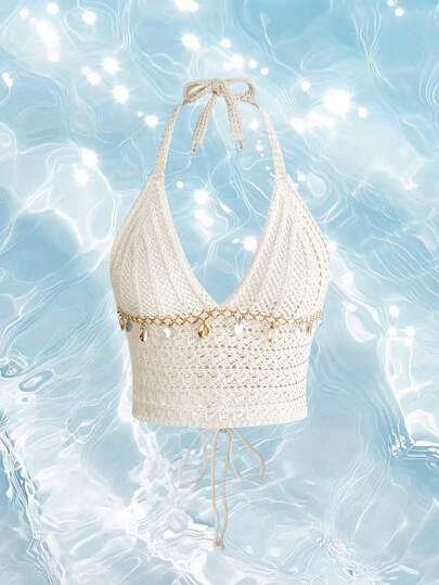 ROMWE Hippie Débardeur tricoté polyvalent avec décorations à franges et encolure ras-du-cou, style vacances pour femmes