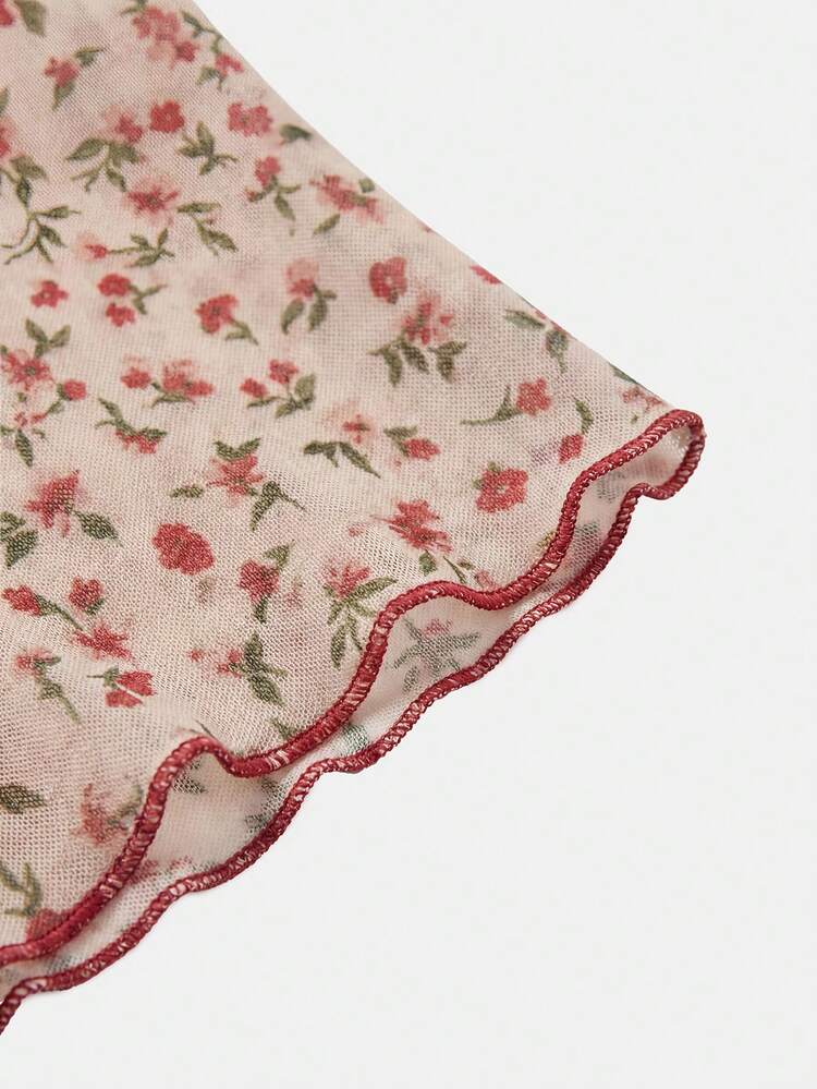 Cream And Red Sleeveless Cropped Fitted Floral Print Mesh Top With Contrast Details Cute Spring Summer Holiday Top Fitted Top French Style Top Vintage Top