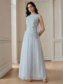 Anewsta Gaun Tanpa Lengan Leher Bulat dengan Bordir Bunga Elegan Terbaru untuk Musim Semi/Panas, Cocok untuk Hari Valentine, Liburan, dan Pesta. - Baby Blue - View 5