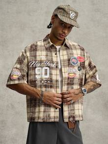 PAVTROS Men's Retro Casual Plaid Letter Print Front Button Short Sleeve Shirt, Summer - Brown - View 5