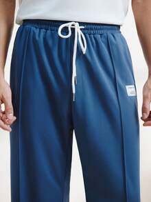 Driftmere 2pcs/Set Men Casual Knit Badge Decor Slim Fit Round Neck Short Sleeve T-Shirt And Drawstring Waist Pants Summer Outfit, Suitable For Daily Wear, Cozy Outfits Father's Day – A Fathers Day Gift Guide - Blue and White - View 9