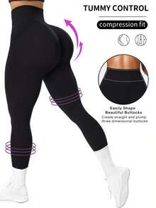 Seamluxe SHEIN Sport 女士纯色高腰弹力修身运动紧身裤 - 黑色 - 查看 1