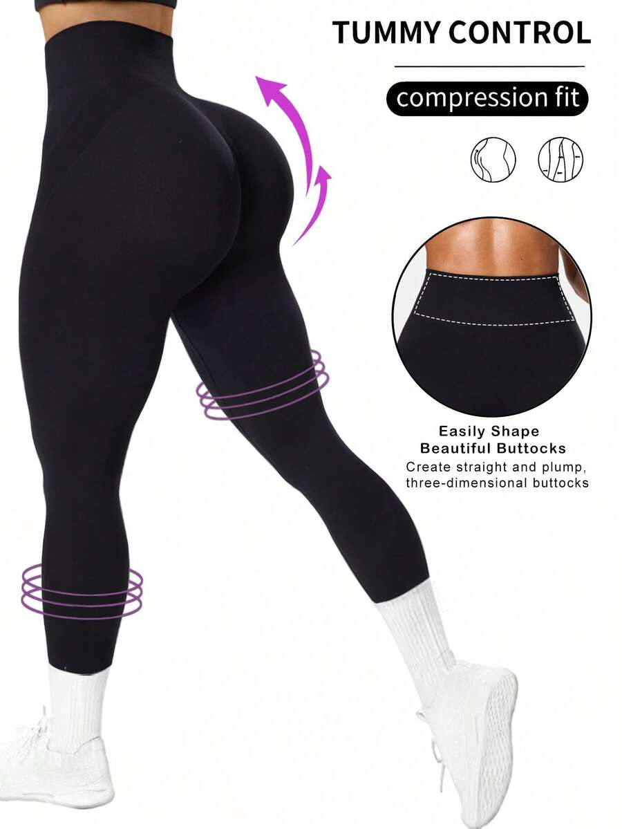 Seamluxe SHEIN Sport 女士纯色高腰弹力修身运动紧身裤 - 黑色 - 查看 1