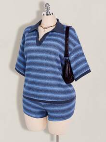 SHEIN ICON 大码女式条纹短袖T恤和短裤休闲套装 - 藍色 - 查看 3