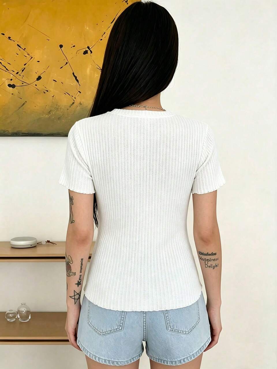 Solid Color Round Neck Casual Daily Lettuce Trim Short Sleeve T-Shirt, Summer
