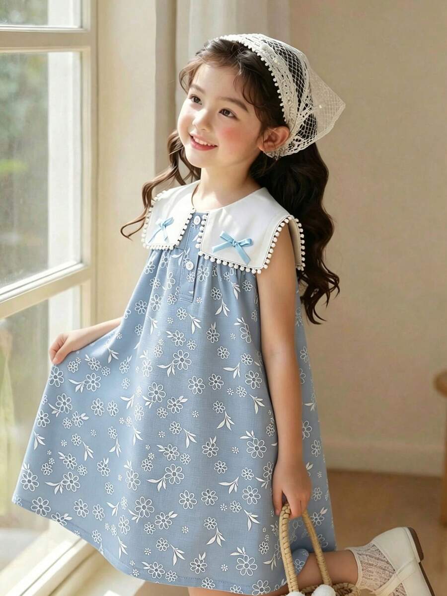 SHEIN Elladie kids 2件裝少女夏季休閒藍色碎花洋裝，附可愛蝴蝶結與荷葉邊領，適合日常、度假、通勤，優雅穿搭