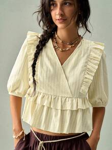 SoleilVie Women's Asymmetric Cross Front Petal Sleeve Blouse - Yellow - View 1