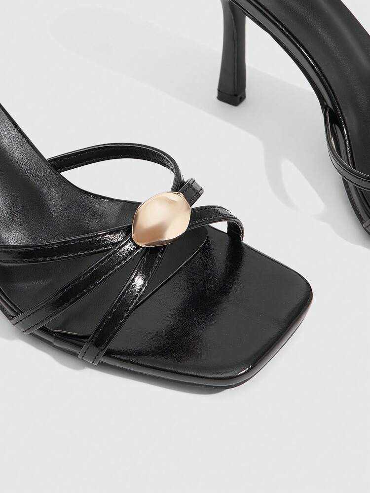 CUCCOO SZL Women Shoes Black PU Thin Strip Cross Strap Fashionable And Sexy One-Pedal Square High-Heeled Sandals