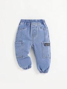 SHEIN Baby Boys' Casual Denim Jogger Pants With Elastic Cuffs - Light Wash - View 1
