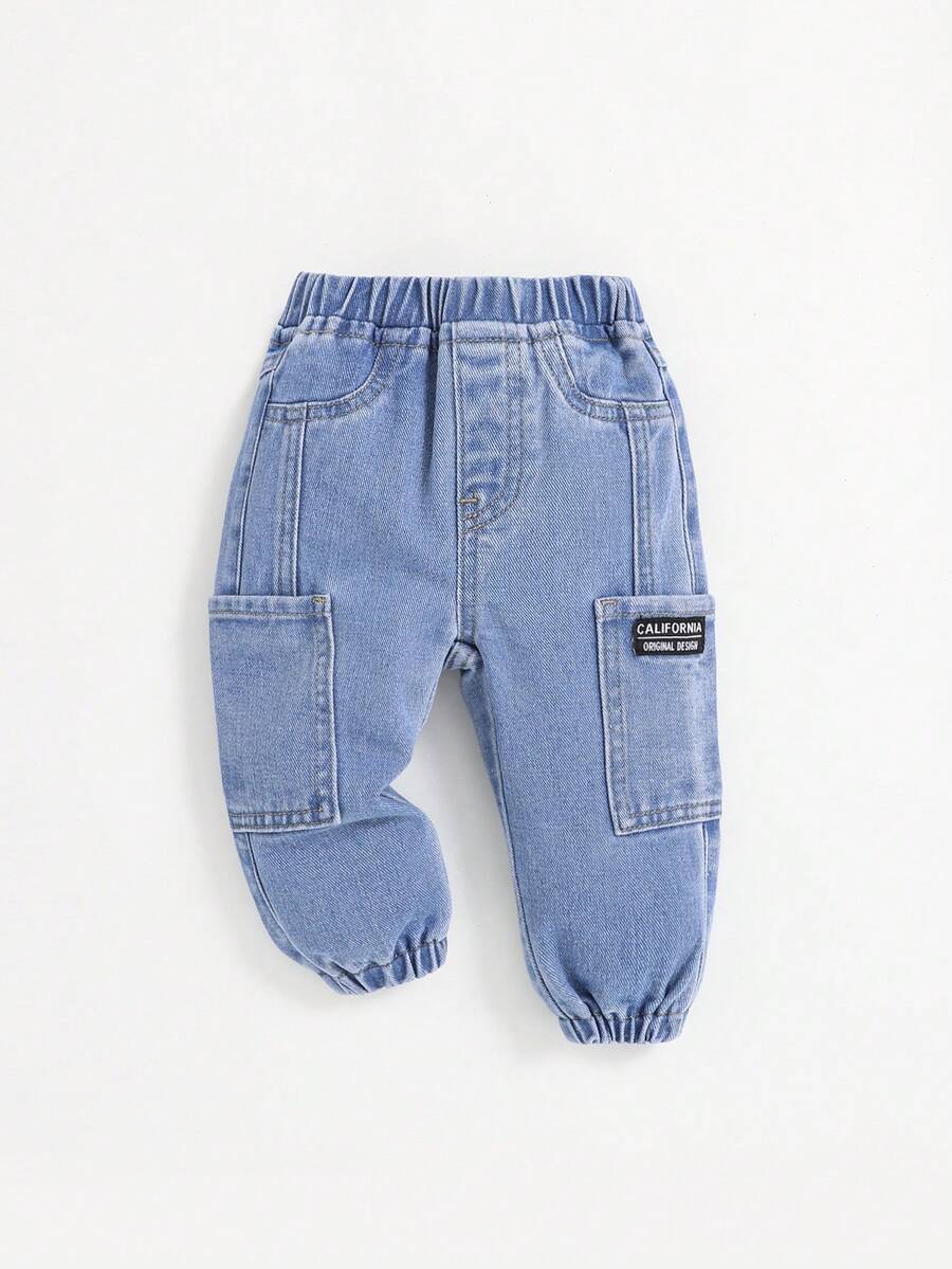 SHEIN Baby Boys' Casual Denim Jogger Pants With Elastic Cuffs - Light Wash - View 1