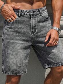 EGENSIO Quần short denim màu xám đậm in họa tiết da báo và râu ngựa dành cho nam, phong cách đường phố thường ngày. - Màu xám đen - Xem 3
