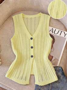 SHEIN Franclia Áo khoác cardigan dệt kim không tay mùa xuân/hè dành cho nữ, áo vest cài nút khoét lỗ kiểu dáng thường ngày/công sở. - Màu vàng - Xem 1
