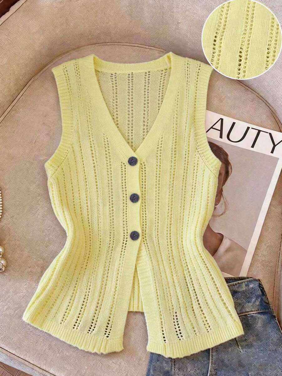 SHEIN Franclia Áo khoác cardigan dệt kim không tay mùa xuân/hè dành cho nữ, áo vest cài nút khoét lỗ kiểu dáng thường ngày/công sở. - Màu vàng - Xem 1