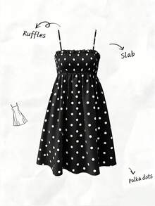 Pariaura Vestido de tirantes finos con lunares amarillos para mujer, diseño de recogido en el busto que aporta suavidad, falda holgada adecuada para salidas, citas, playa, lunares retro lindos y frescos. Vestido de verano, atuendo para citas, vestido de playa, vestido de tirantes finos dulce, uso casual diario - Negro - View 4