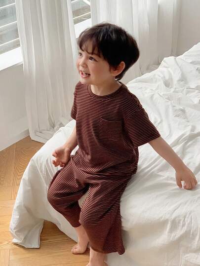 DAZY 2件套幼儿男童圆领纯色格子休闲裤，舒适家居服套装