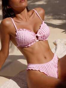 Vaytide Conjunto de bikini casual para mujer con tela de jacquard de unicolor, volantes lindos, tirantes ajustables para la playa - Rosa - Ver 3