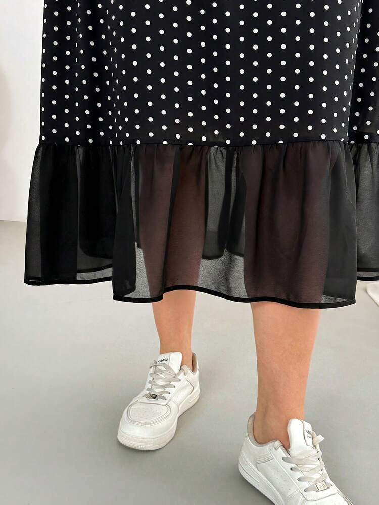 Shapeblank Đầm midi tay ngắn bằng chiffon chấm bi đen dành cho nữ cỡ lớn, thời trang thường ngày, thoải mái, thoáng mát, đa năng, tôn dáng, thích hợp mặc hàng ngày, có túi, kiểu dáng đơn giản, trang phục đi nghỉ mát, mùa hè châu Âu, đầm chấm bi. - Đen và trắng - Xem 6