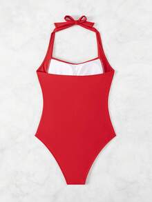 Swim Lushoire 女士纯色露背挂脖连体泳衣，适合海滩度假 - 紅色 - 查看 2