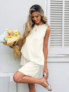 SHEIN LUNE Đầm nữ không tay nhiều lớp, màu trơn, kiểu dáng thường ngày, thích hợp cho mùa hè. - Màu be - Xem 6