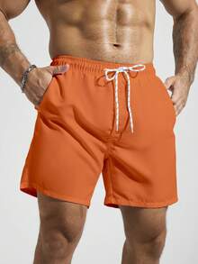 Palasendo Men Slant Pockets Drawstring Waist Swim Trunks - Orange - View 3