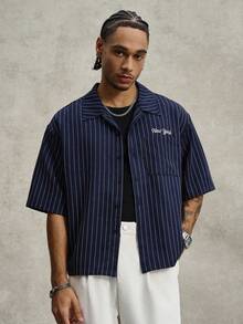 PAVTROS Manfinity Streetrush Men's Short Sleeve Striped Button-Down Shirt,Navy Blue And White,Summer,Casual,Streetwear,City Break Letter Embroidery - Navy Blue - View 8