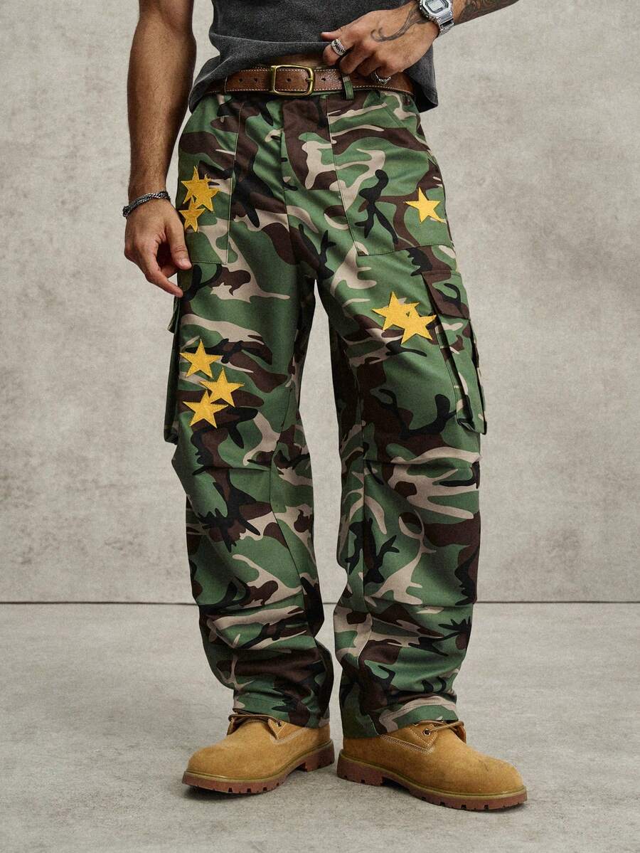 PAVTROS Men's Street Camo Print Star Patch Cargo Pants - Multicolor - View 1
