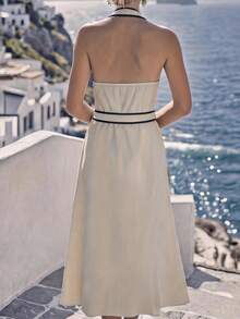 Balvessa 女士优雅无袖纽扣长连衣裙 - 杏色 - 查看 2