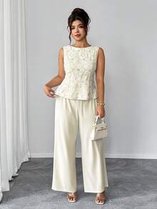 Elenzga Pailletten-Mesh-Patchwork-Ärmelloses figurbetontes Hemd + passende gerade Hose 2 Stücke Set, elegant für Ausgehen, Dates, Partys, Nachmittagstee in Große Größen - Aprikosenfarben - Übersicht 5