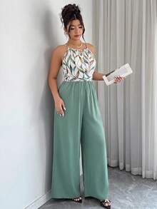 SHEIN LUNE Plus Size Women's Elegant Wrap-Around Tie-Waist Striped Contrast Color Loose Straight Leg Jumpsuit, Spring/Summer - Multicolor - View 3