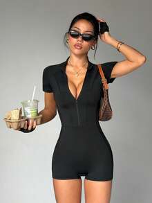 Easithlete Easithlete Solid Color Zipper Fitted Short Sleeve Sports Jumpsuit - Black - View 3