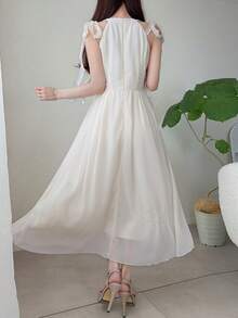 FRIFUL 女款肩部綁帶蝴蝶結收腰喇叭下擺長洋裝 夏季 - 杏色 - 查看 7