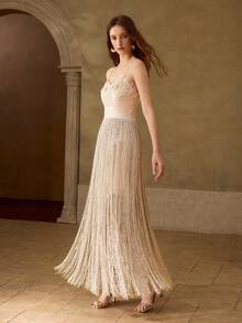 MOTF PREMIUM SPRING/SUMMER FRENCH RETRO ELEGANT DATE NIGHT LACE PATCHWORK DOUBLE-LAYER TASSEL CINCHED WAIST APRICOT LONG DRESS - Apricot - View 1