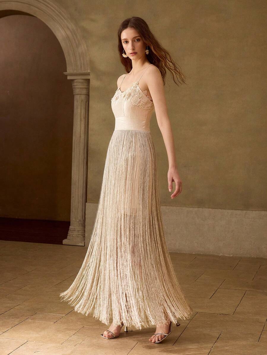 MOTF PREMIUM SPRING/SUMMER FRENCH RETRO ELEGANT DATE NIGHT LACE PATCHWORK DOUBLE-LAYER TASSEL CINCHED WAIST APRICOT LONG DRESS - Apricot - View 1