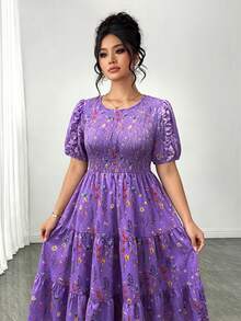 Elenzga Plus Size Women's Short Sleeve Elegant Floral Print Elastic Waist Layered A-Line Dress, Suitable For Spring And Summer - Purple - View 5