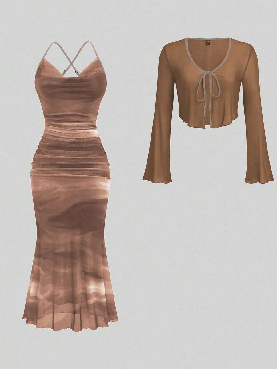 Sweetra Plus Size Women Casual Sexy Romantic Dress Shawl 2 Pieces Set Date Night Brown Summer - Multicolor - View 1